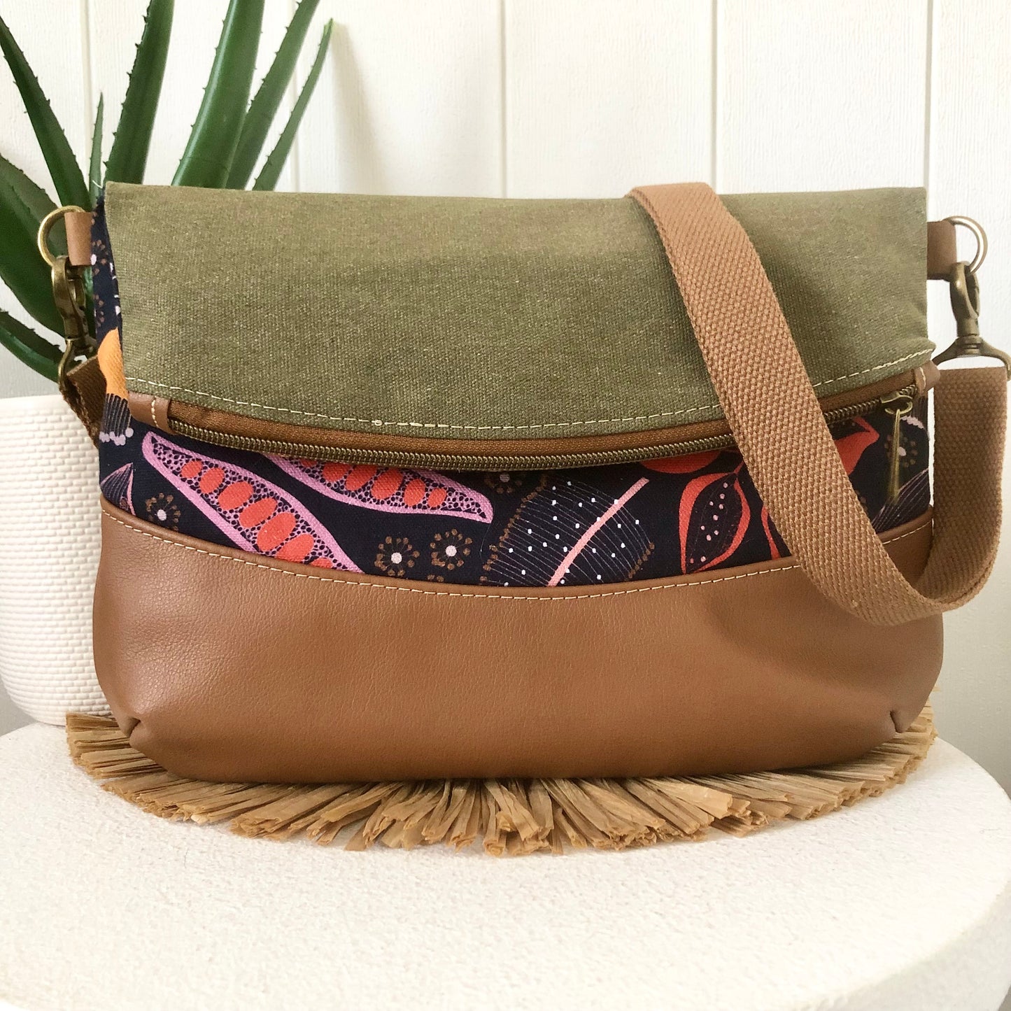 fold over bag in green canvas side