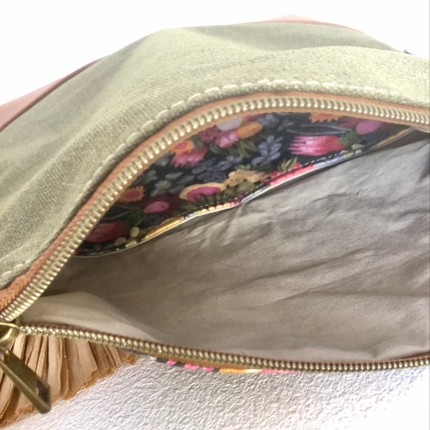 green fold over bag inside view king white flower