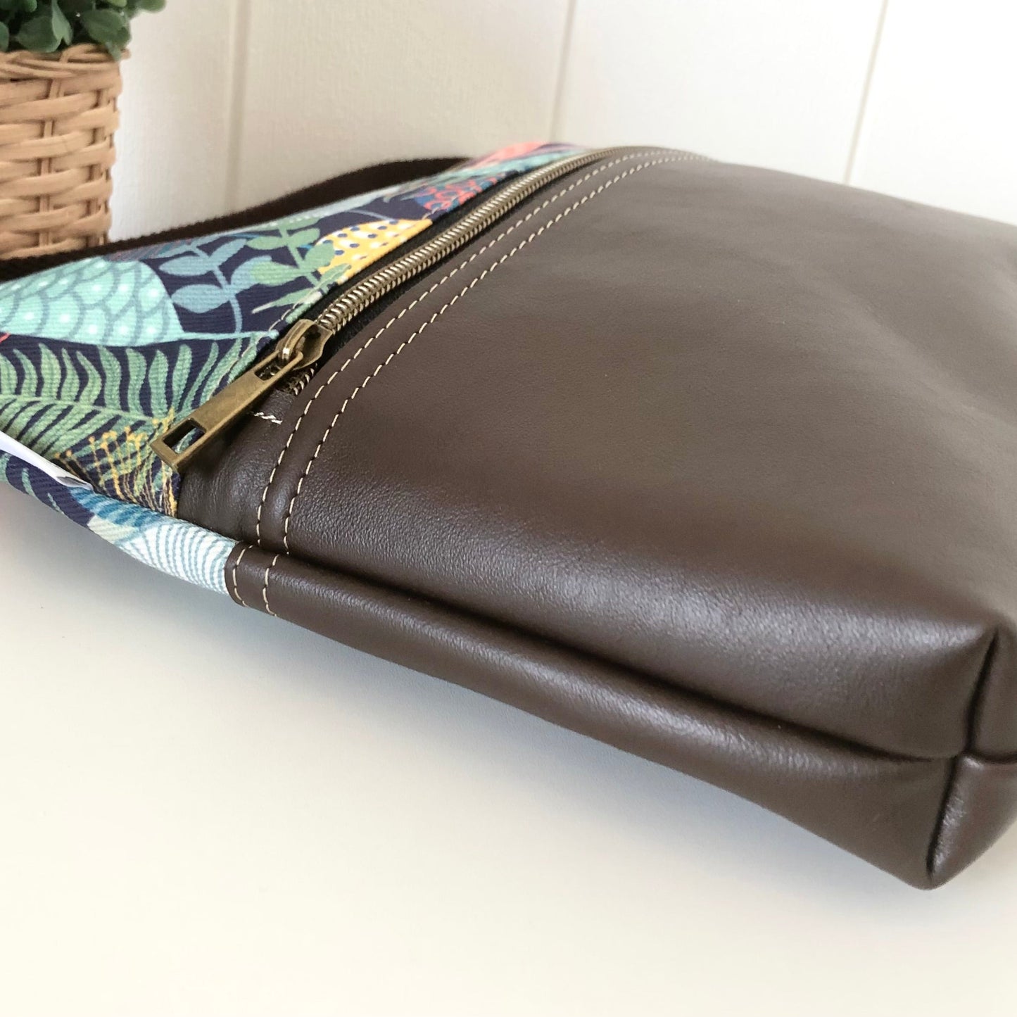 Dark Brown Leather and Retro Garden Zipper Handbag