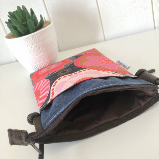 blue canvas phone sling inside view