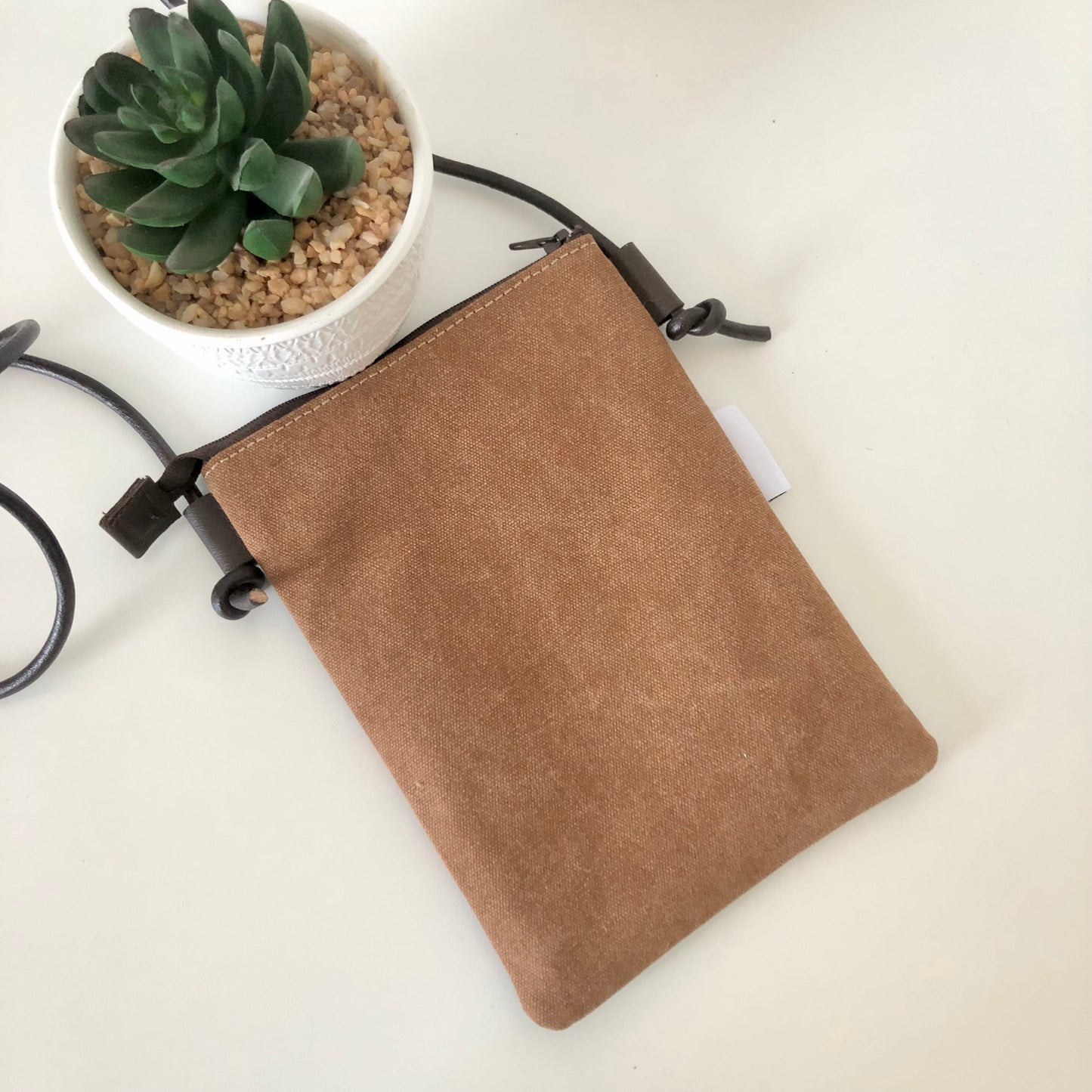 Tan Canvas with King White Flower Phone Sling Crossbody Bag
