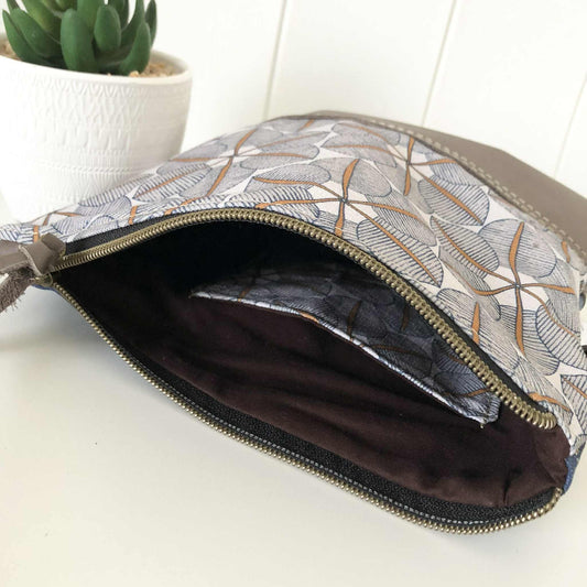 Gumnut Crossbody Bag in Blue Canvas, Brown Leather and Blossom