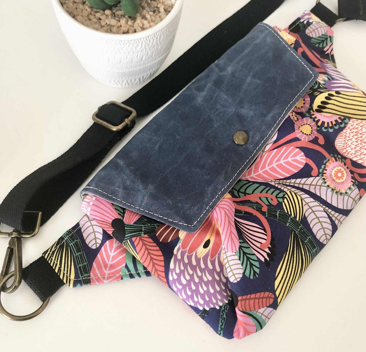 Belt Bag with Wild Protea and Blue Waxed Canvas
