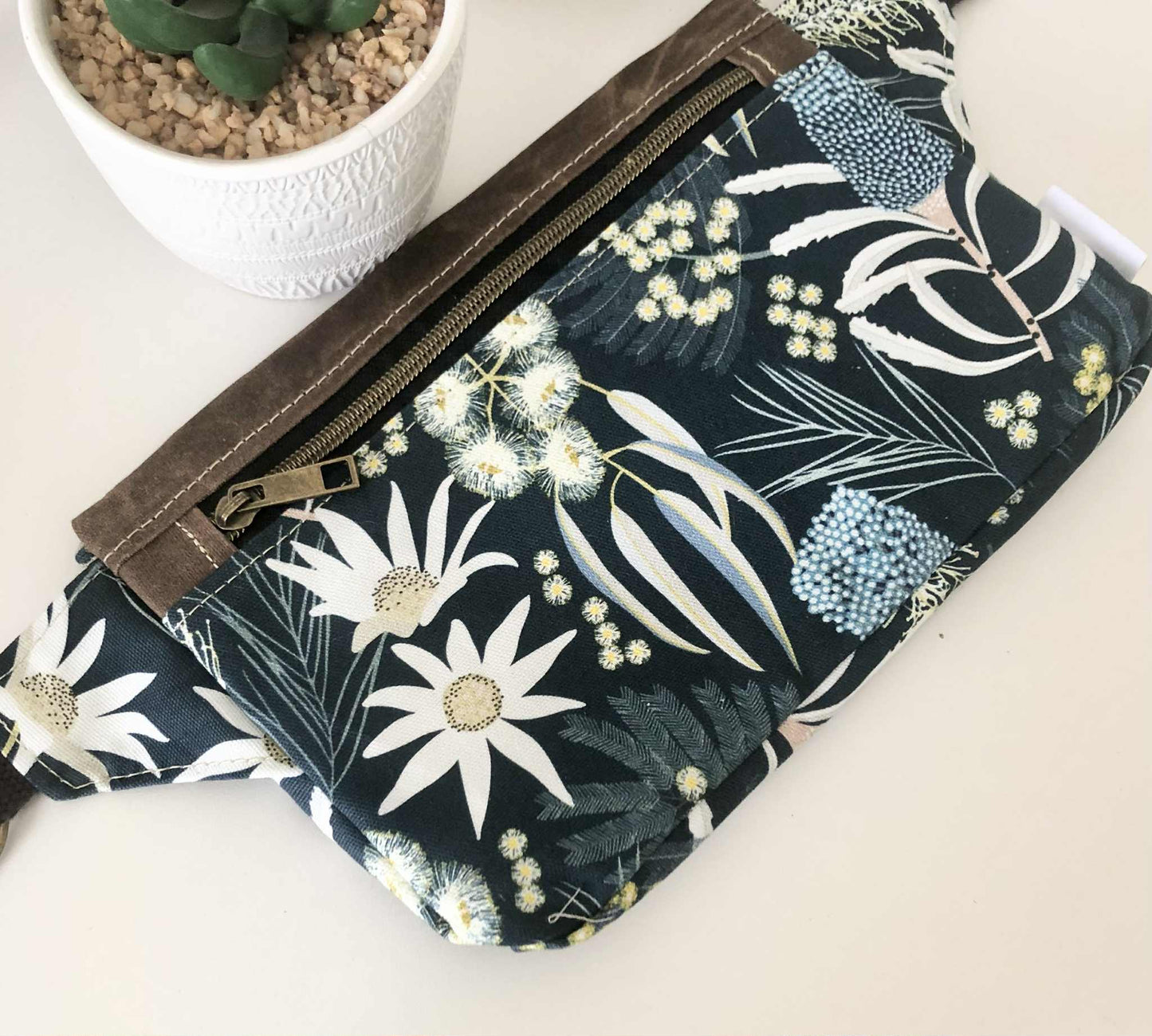 Belt Bag with Moonlight Flora and Brown Waxed Canvas