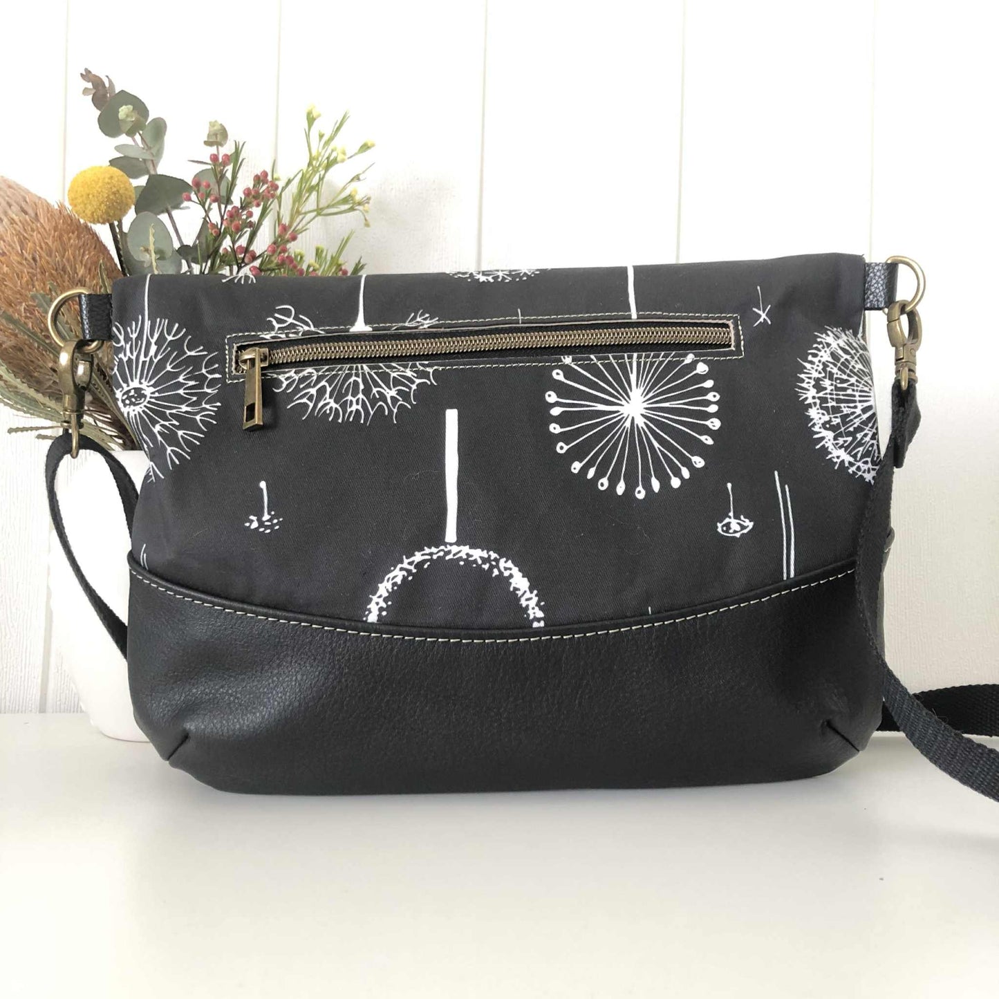 Fold Over Bag in Black Leather, Green Canvas and Dandelion