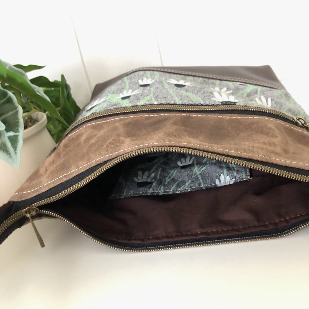 Leather, Waxed Canvas and Coneflower Fabric Zipper Handbag