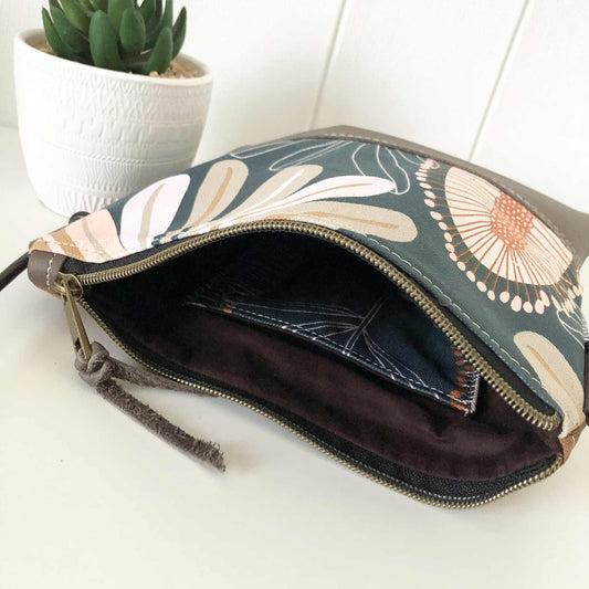 Gumnut Crossbody Bag in Tan Canvas, Brown Leather and Banksia