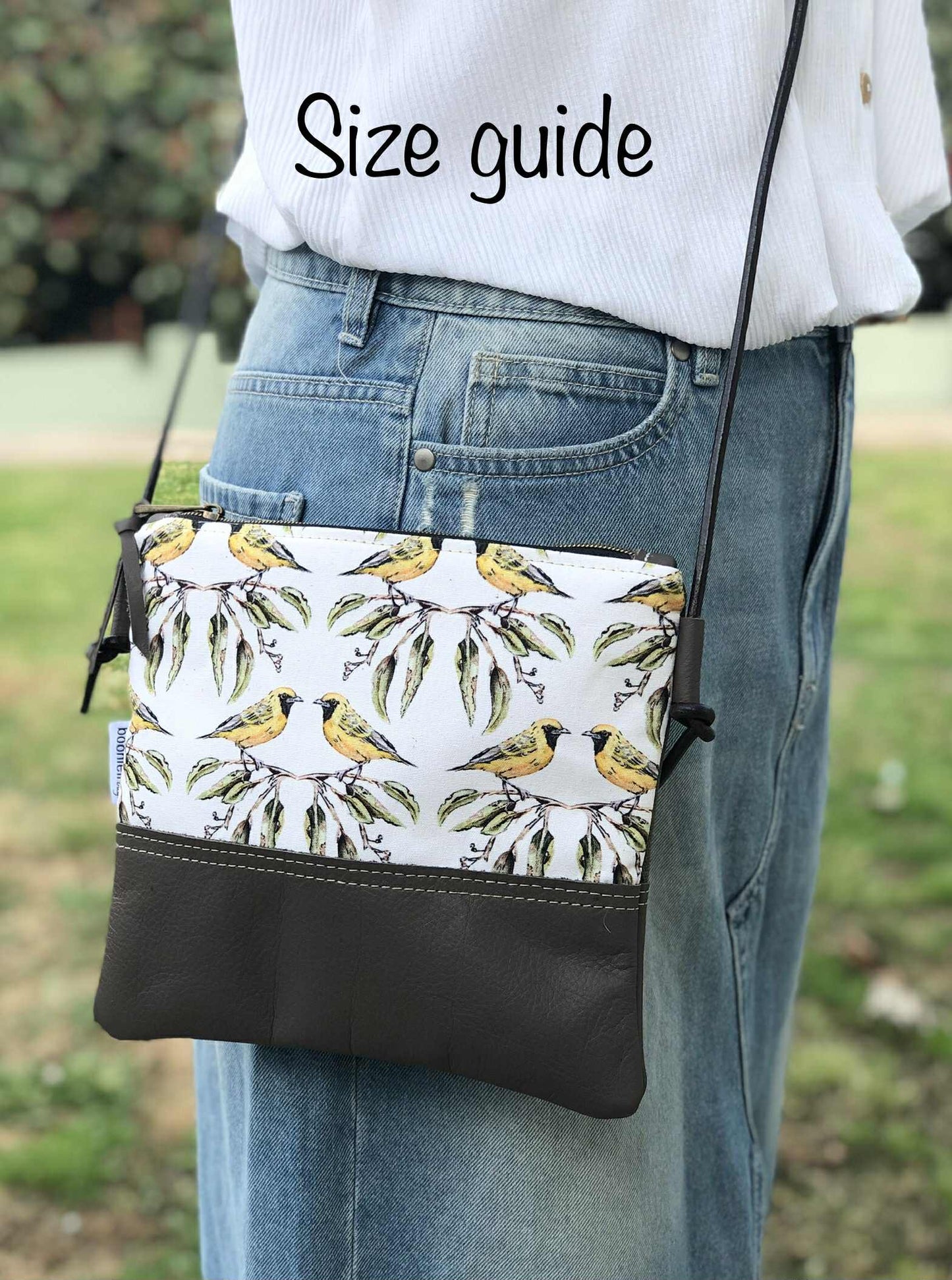 Gumnut Crossbody Bag in Green Canvas, Brown Leather and Scandi Meadow