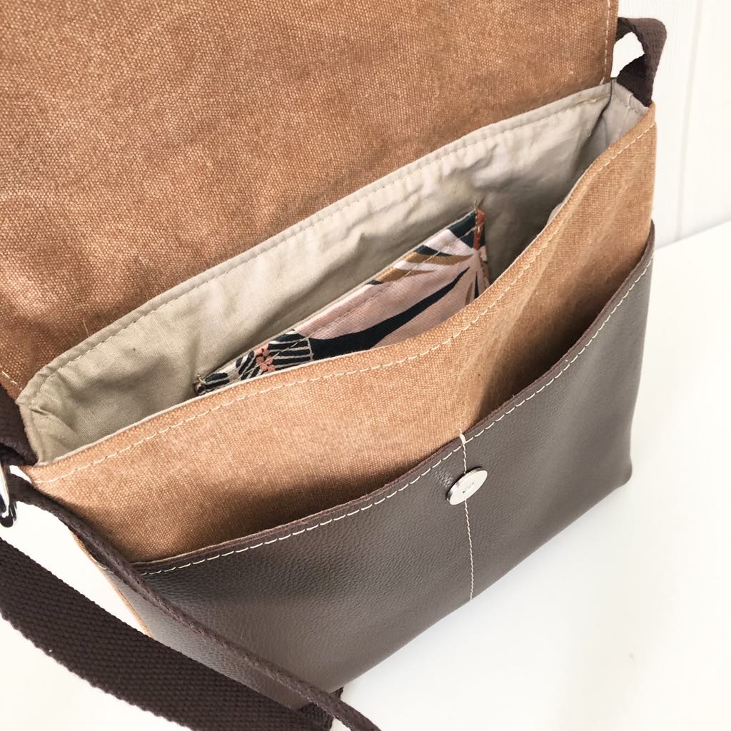 Tan Canvas and Brown Leather Crossbody Bag with Banksia