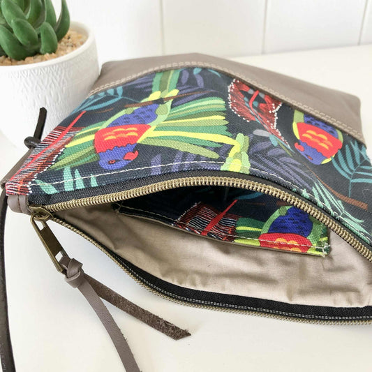 Gumnut Crossbody Bag in Green Canvas, Brown Leather and Rosellas