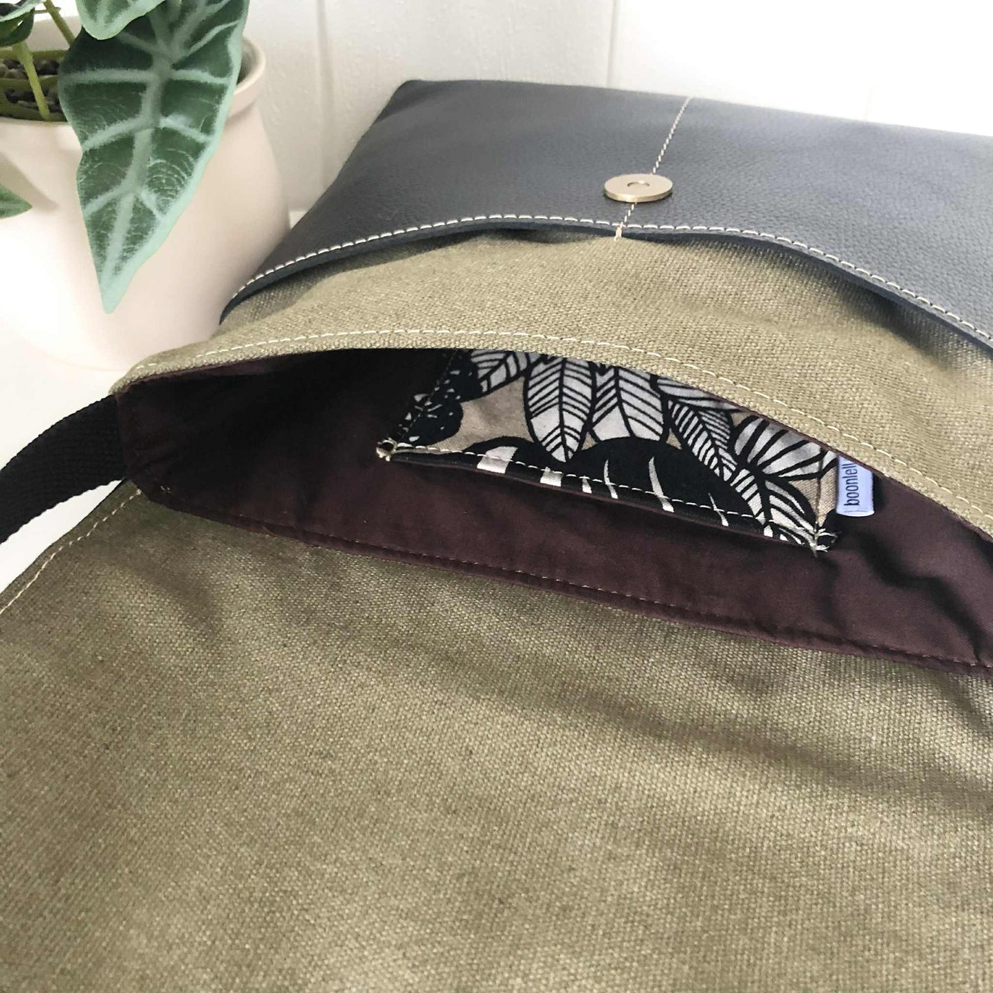 Cassinia Crossbody Bag - Green Canvas & Black Leather with Floral
