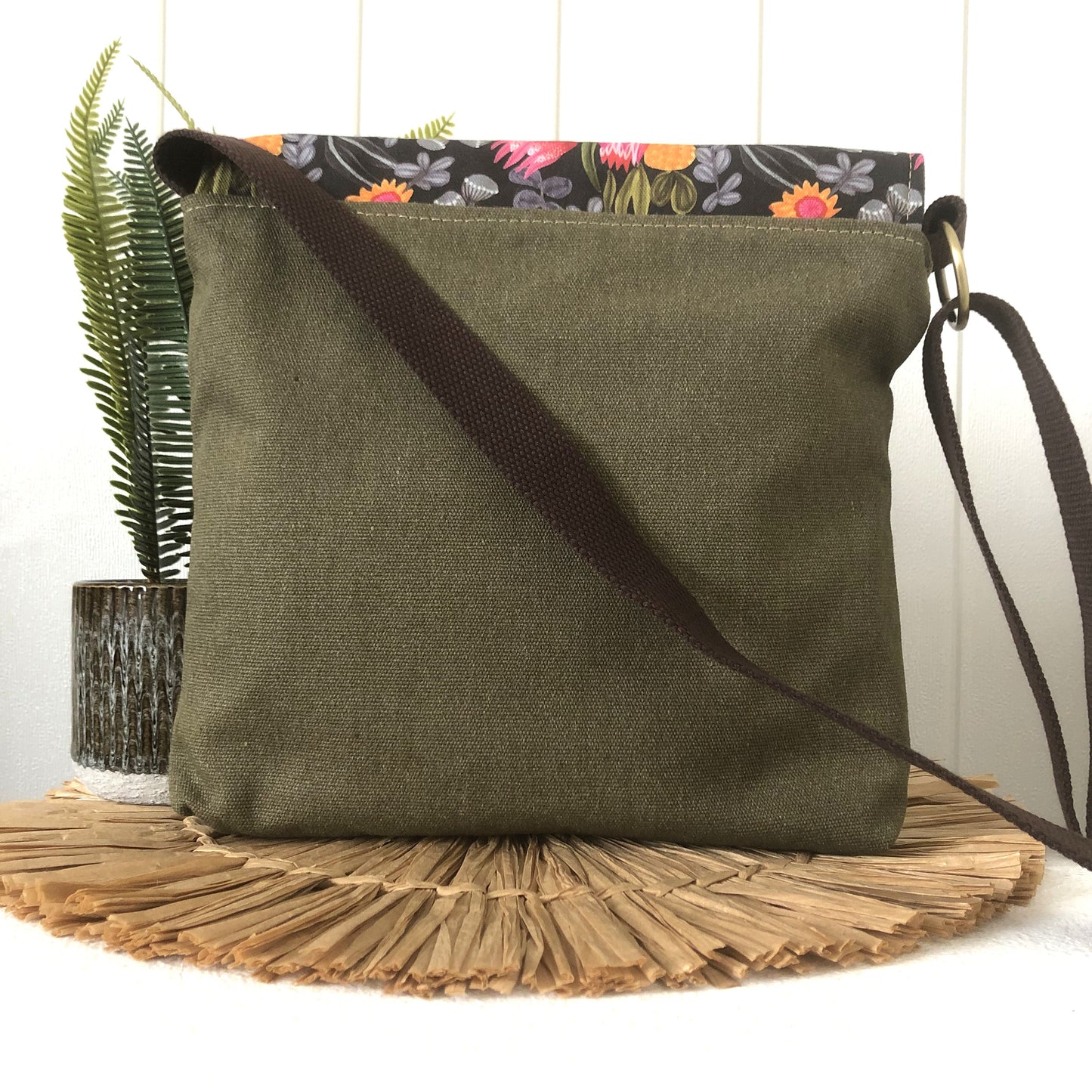 Green Canvas and Brown Leather Crossbody Bag with King White Flower