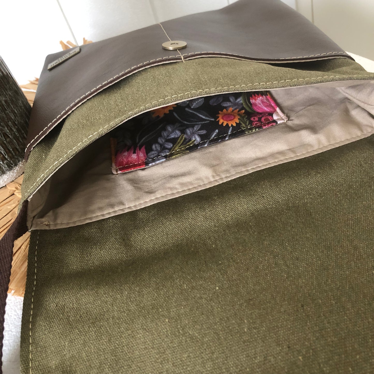 Green Canvas and Brown Leather Crossbody Bag with King White Flower