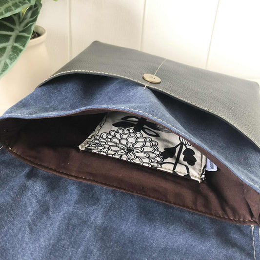 Cassinia Crossbody Bag - Blue Canvas & Black Leather with Floral