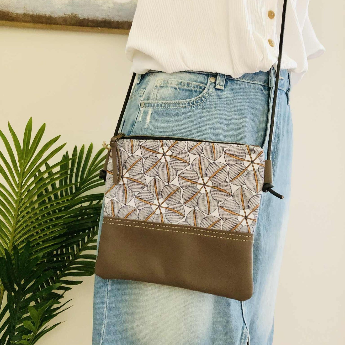 Gumnut Crossbody Bag in Blue Canvas, Brown Leather and Blossom