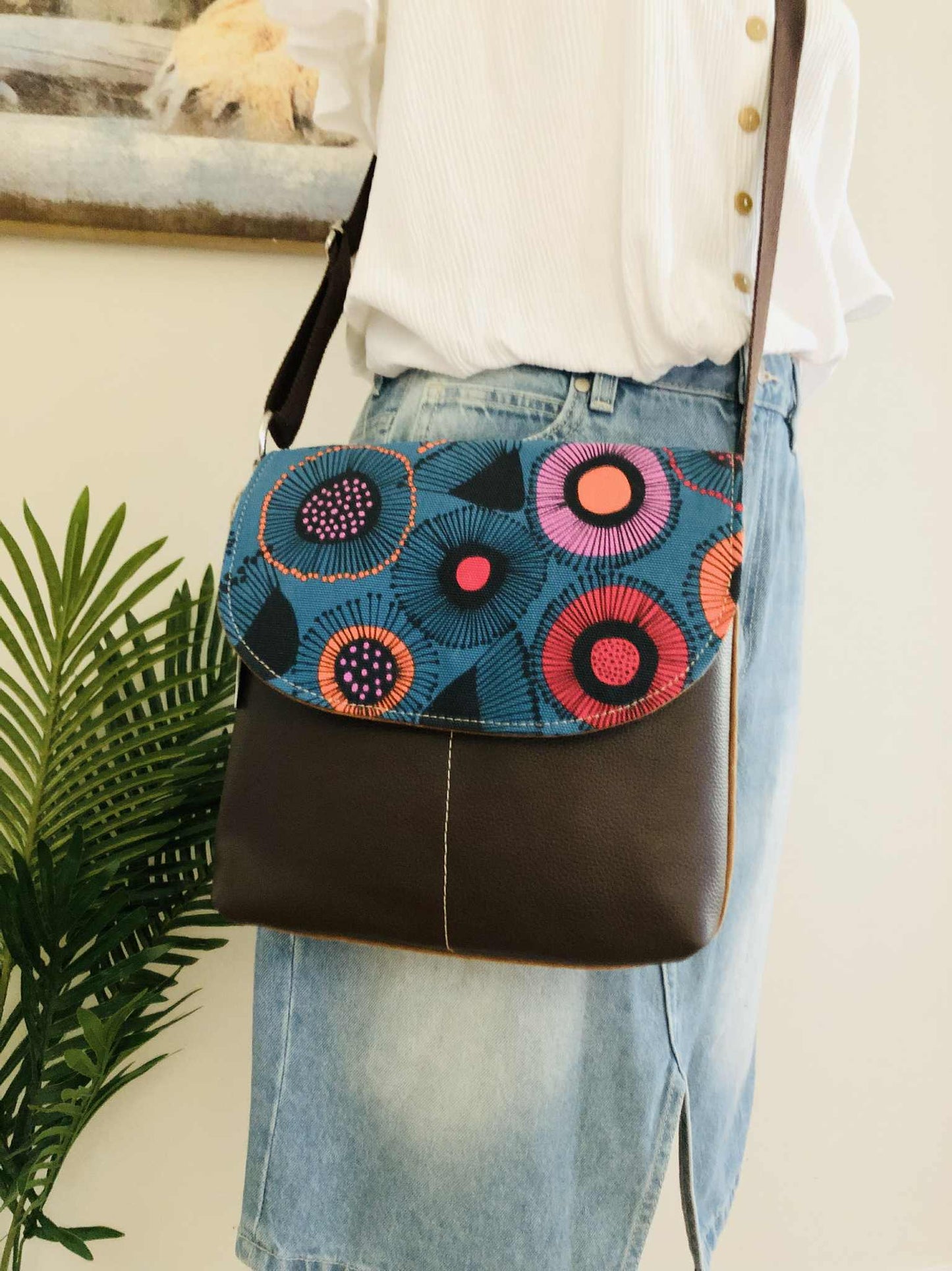 Cassinia Crossbody Bag - Tan Canvas and Brown Leather with Gum Blossom