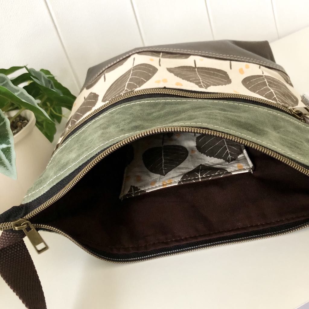 Leather, Waxed Canvas and Leaf Fabric Zipper Handbag