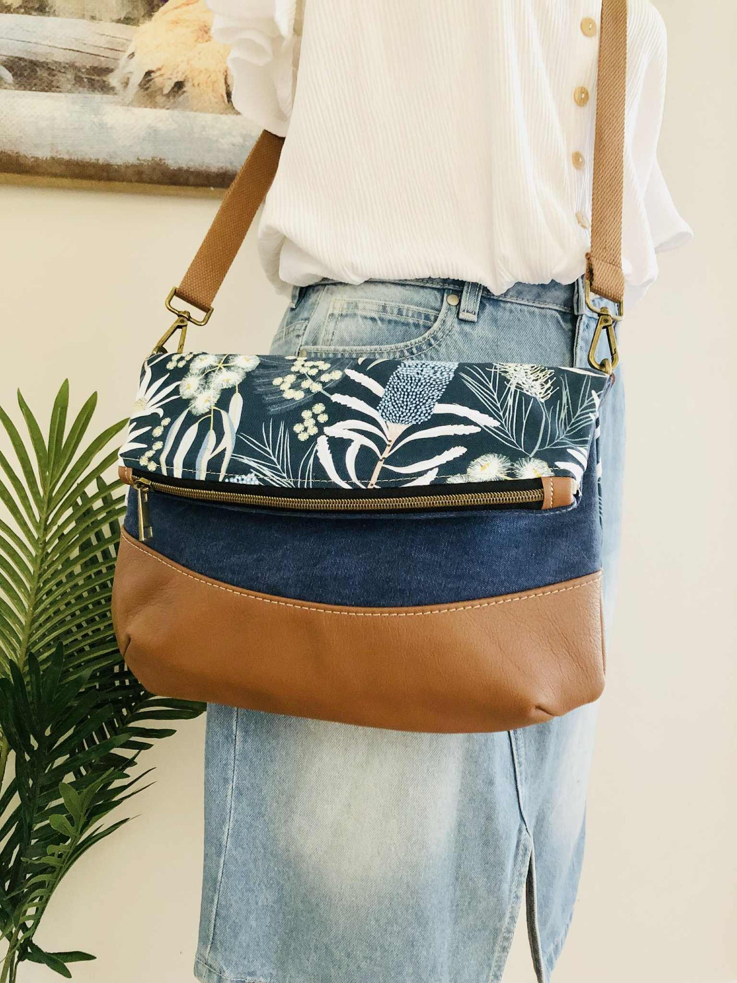 Hovea Fold Over Bag in Tan Leather, Blue Canvas and Moonlight Flora
