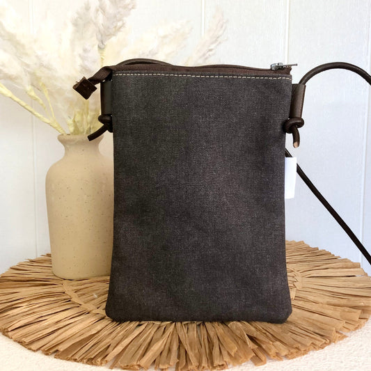 grey canvas phone sling pouch back view