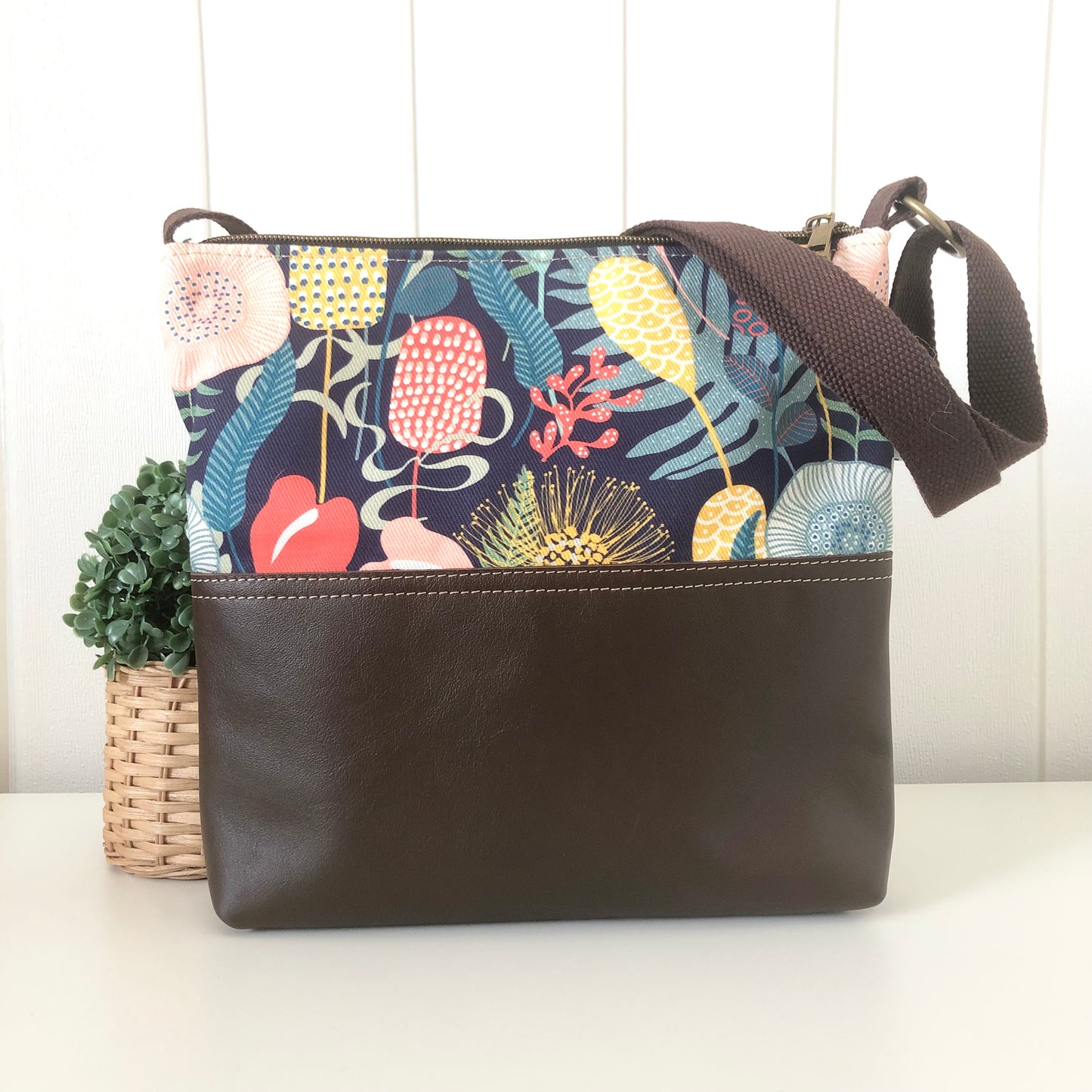 Dark Brown Leather and Retro Garden Zipper Handbag