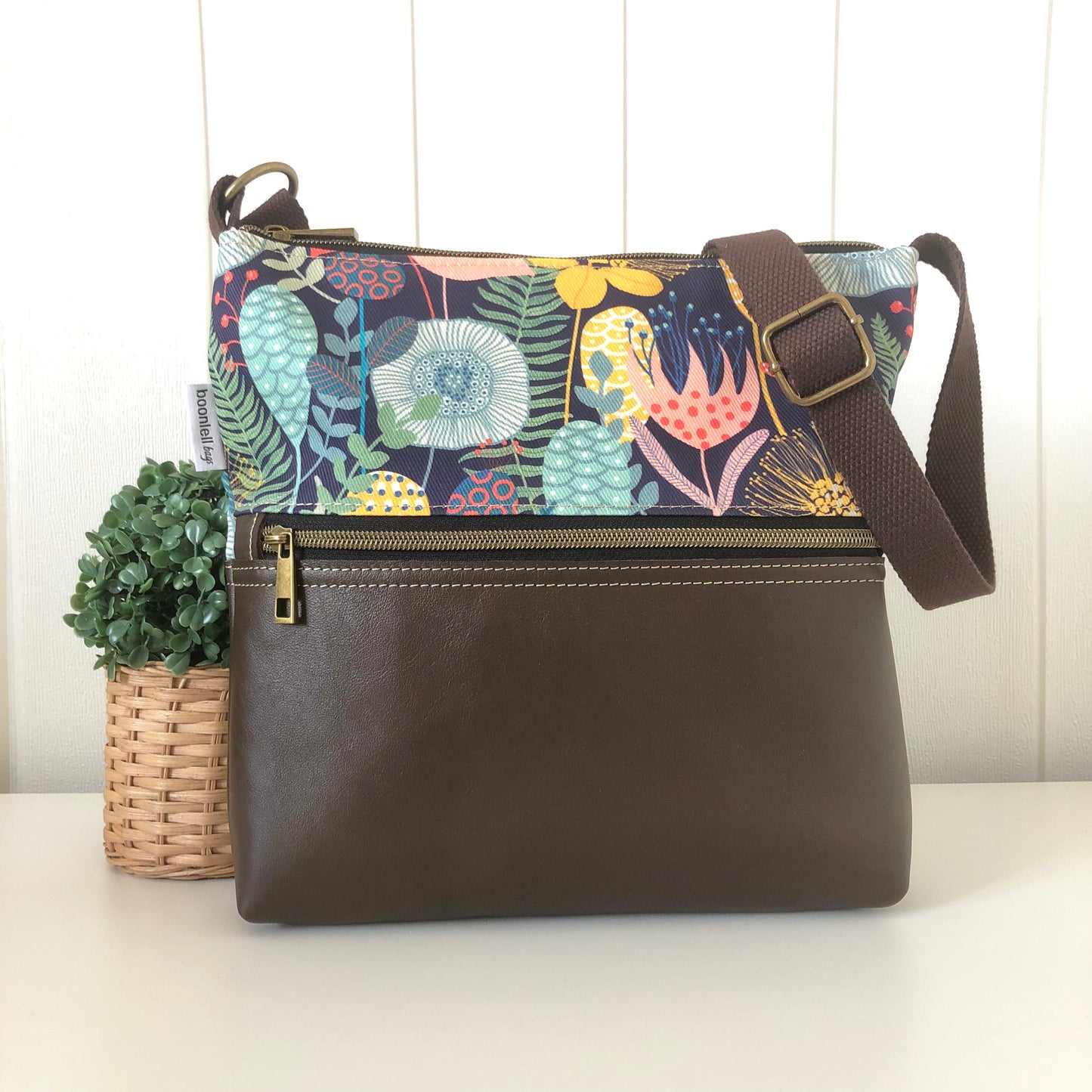 Dark Brown Leather and Retro Garden Zipper Handbag