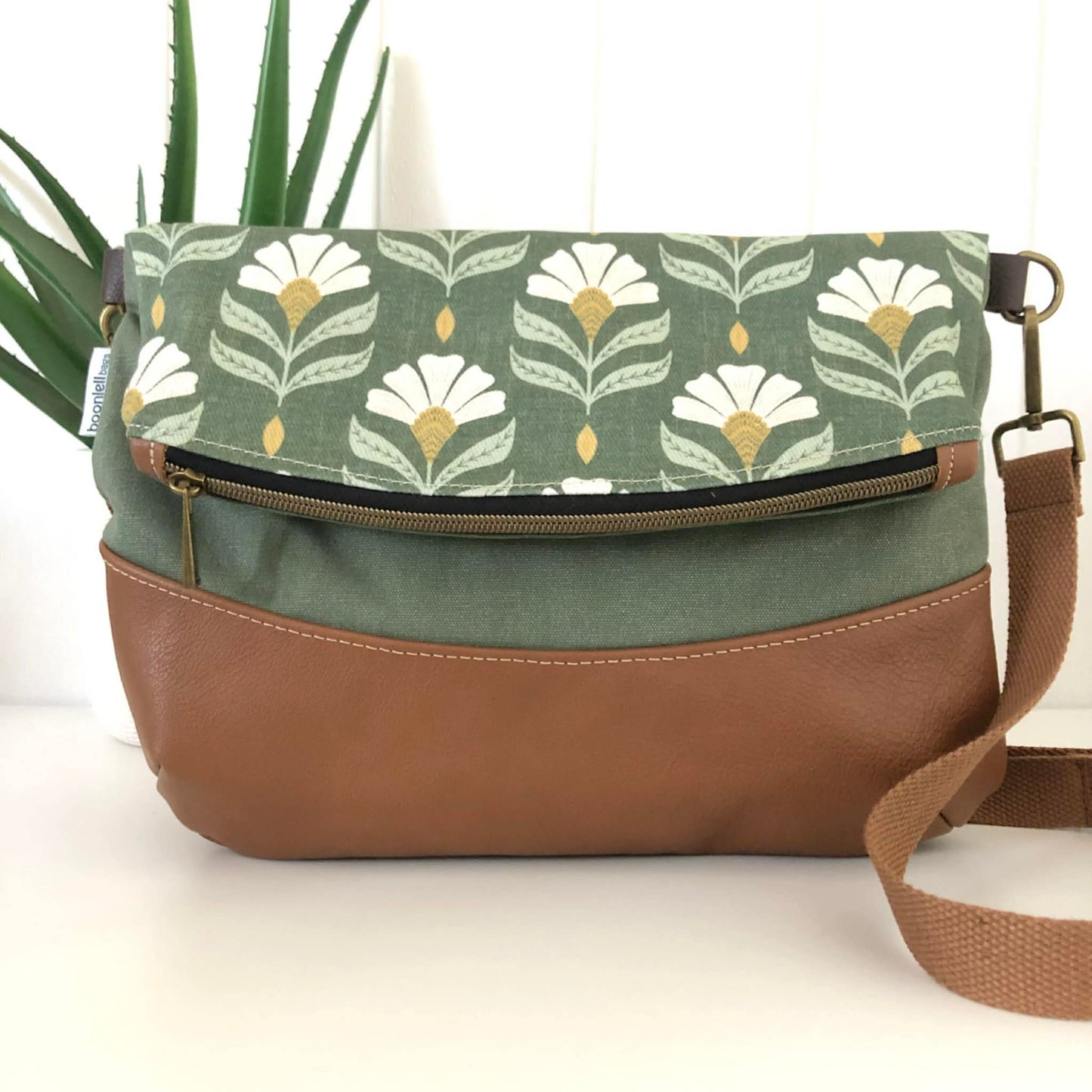 Hovea Fold Over Bag in Tan Brown Leather, Green Canvas and Chiara Print
