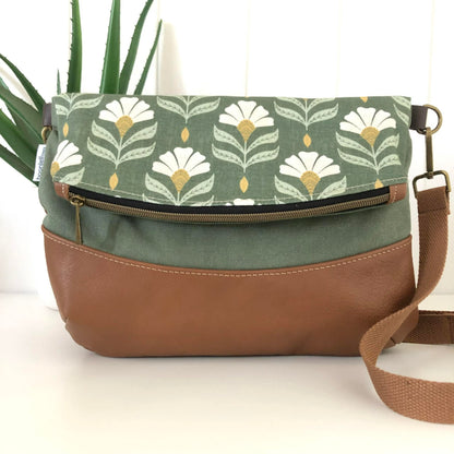 Hovea Fold Over Bag in Tan Brown Leather, Green Canvas and Chiara Print
