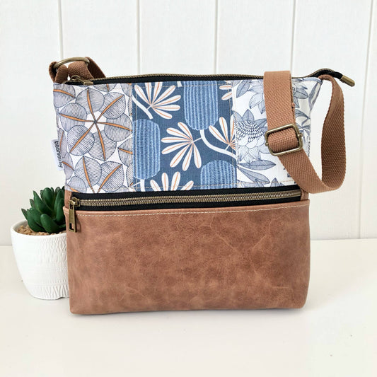 Brown Distressed Leather and Native Flower Patchwork Zipper Handbag
