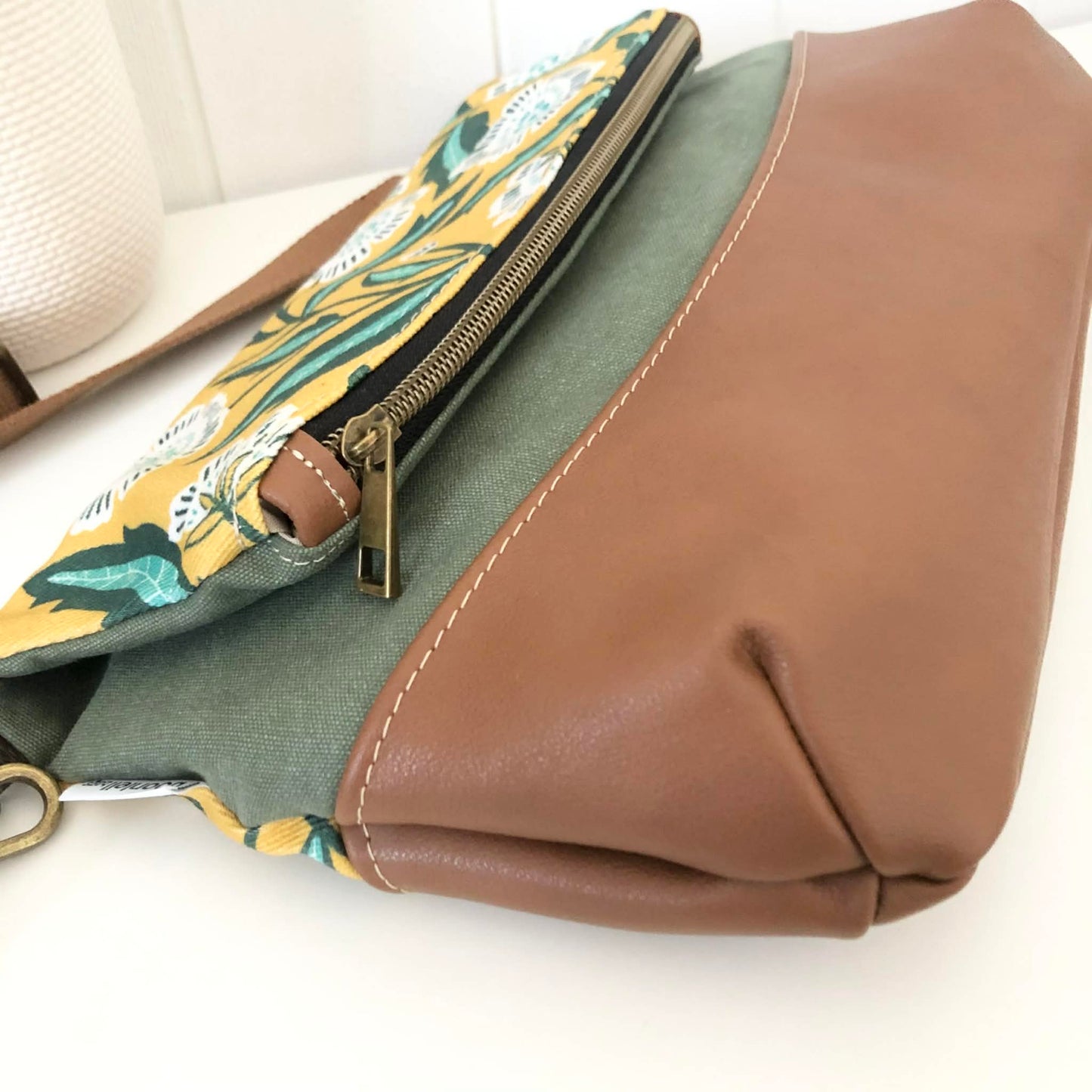 Hovea Fold Over Bag in Tan Brown Leather, Green Canvas and Evarie Print