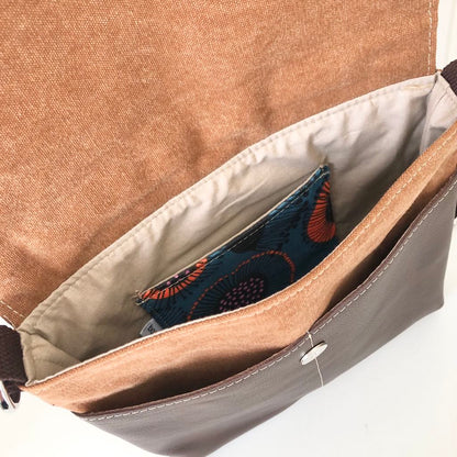 Tan Canvas and Brown Leather Crossbody Bag with Gum Blossom