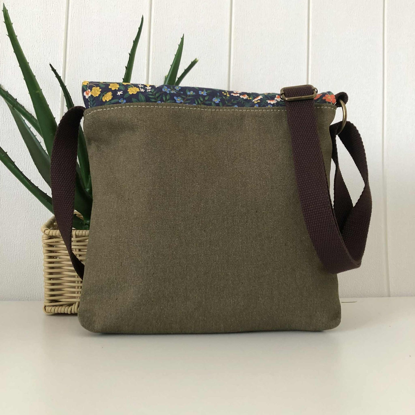 Green Canvas and Brown Leather Crossbody Bag with Wildflowers