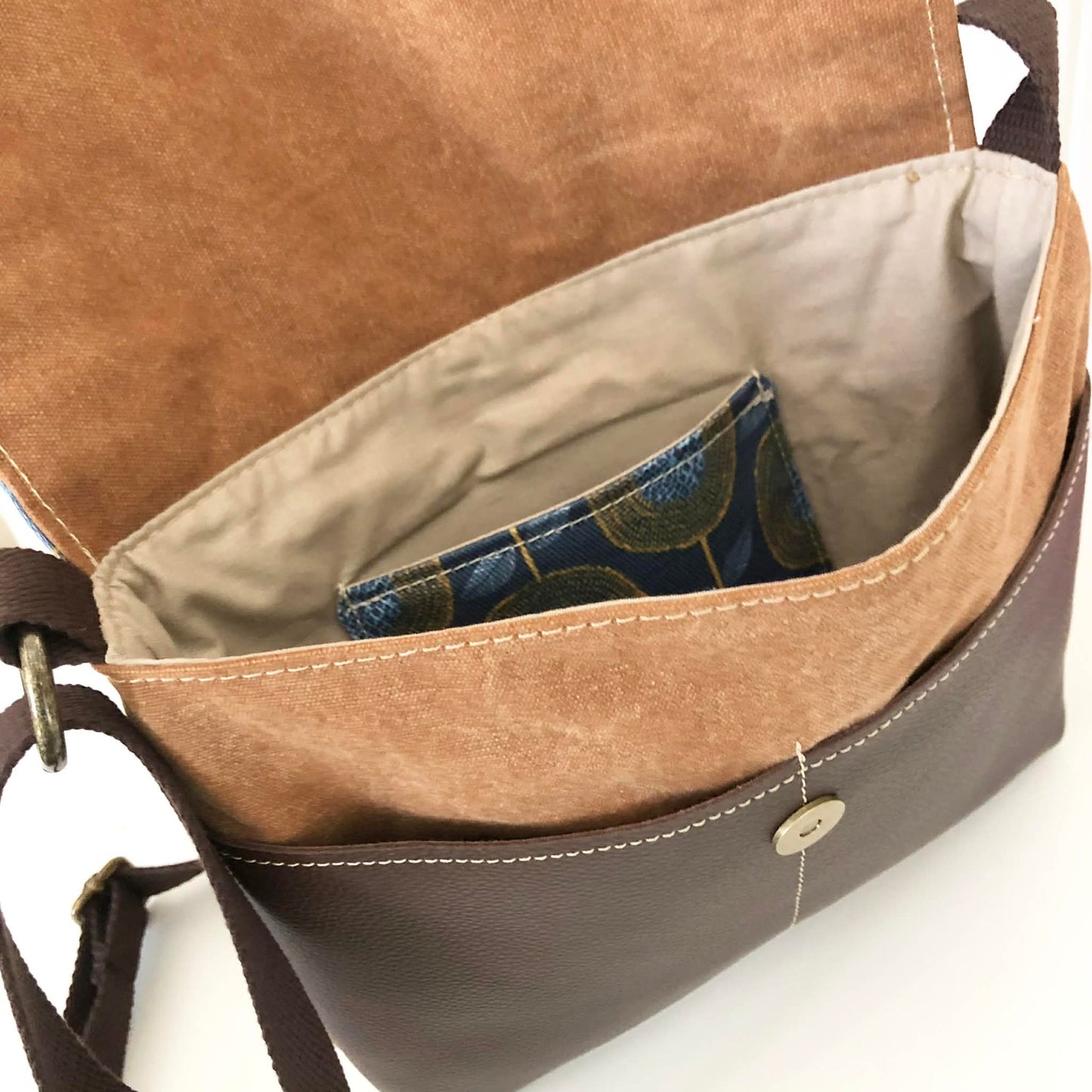 Cassinia Crossbody Bag - Tan Canvas and Brown Leather with Modern Floral