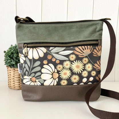 Acacia Zipper Bag in Leather, Green Canvas and Floral Wilderness