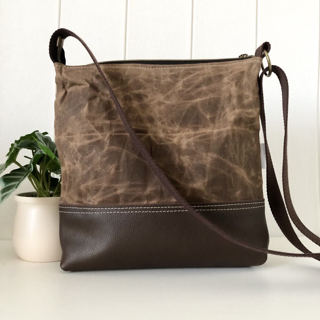 Leather, Waxed Canvas and Coneflower Fabric Zipper Handbag