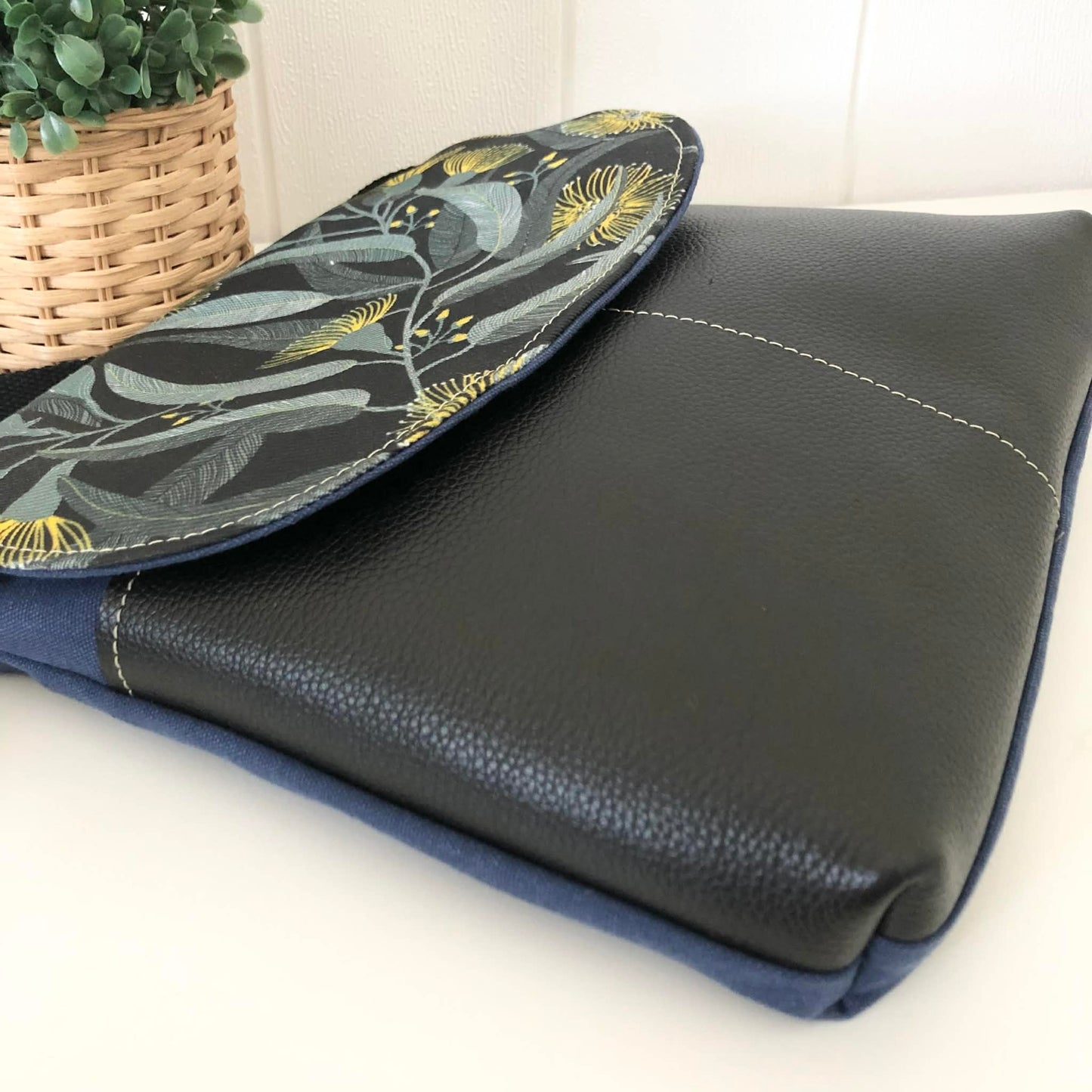 Cassinia Crossbody Bag - Blue Canvas and Black Leather with Yellow Eucalyptus