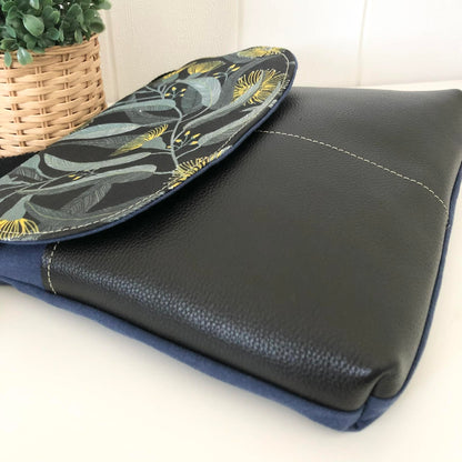 Cassinia Crossbody Bag - Blue Canvas and Black Leather with Yellow Eucalyptus