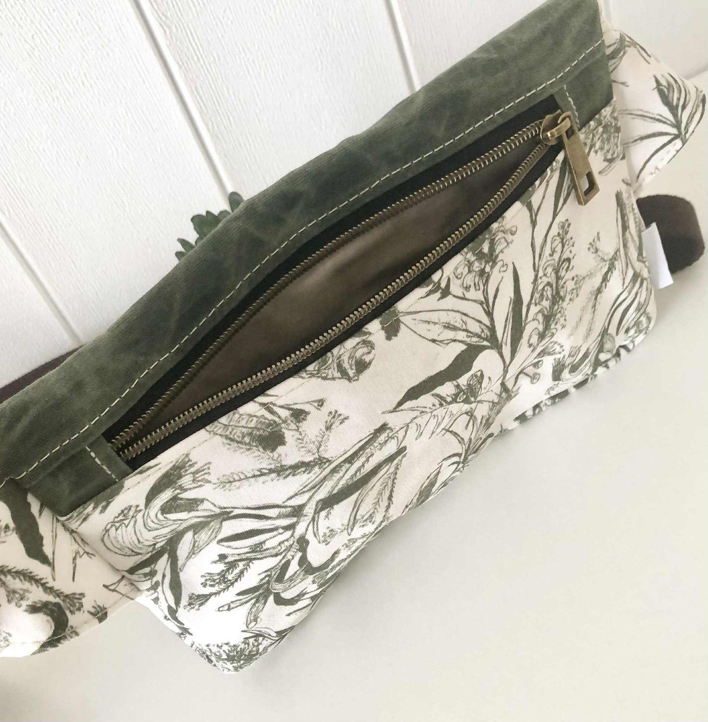 Belt Bag with Bush Blooms and Green Waxed Canvas
