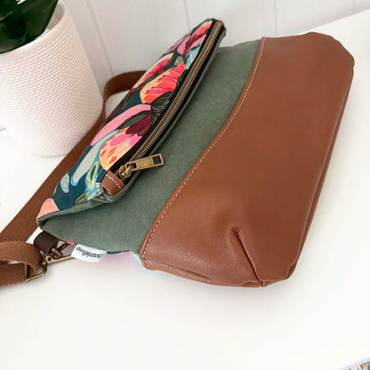 Hovea Fold Over Bag in Tan Leather, Green Canvas and Bush Flora
