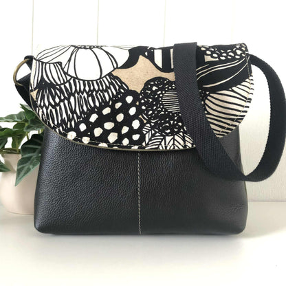 Cassinia Crossbody Bag - Green Canvas & Black Leather with Floral
