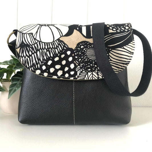 Cassinia Crossbody Bag - Green Canvas & Black Leather with Floral