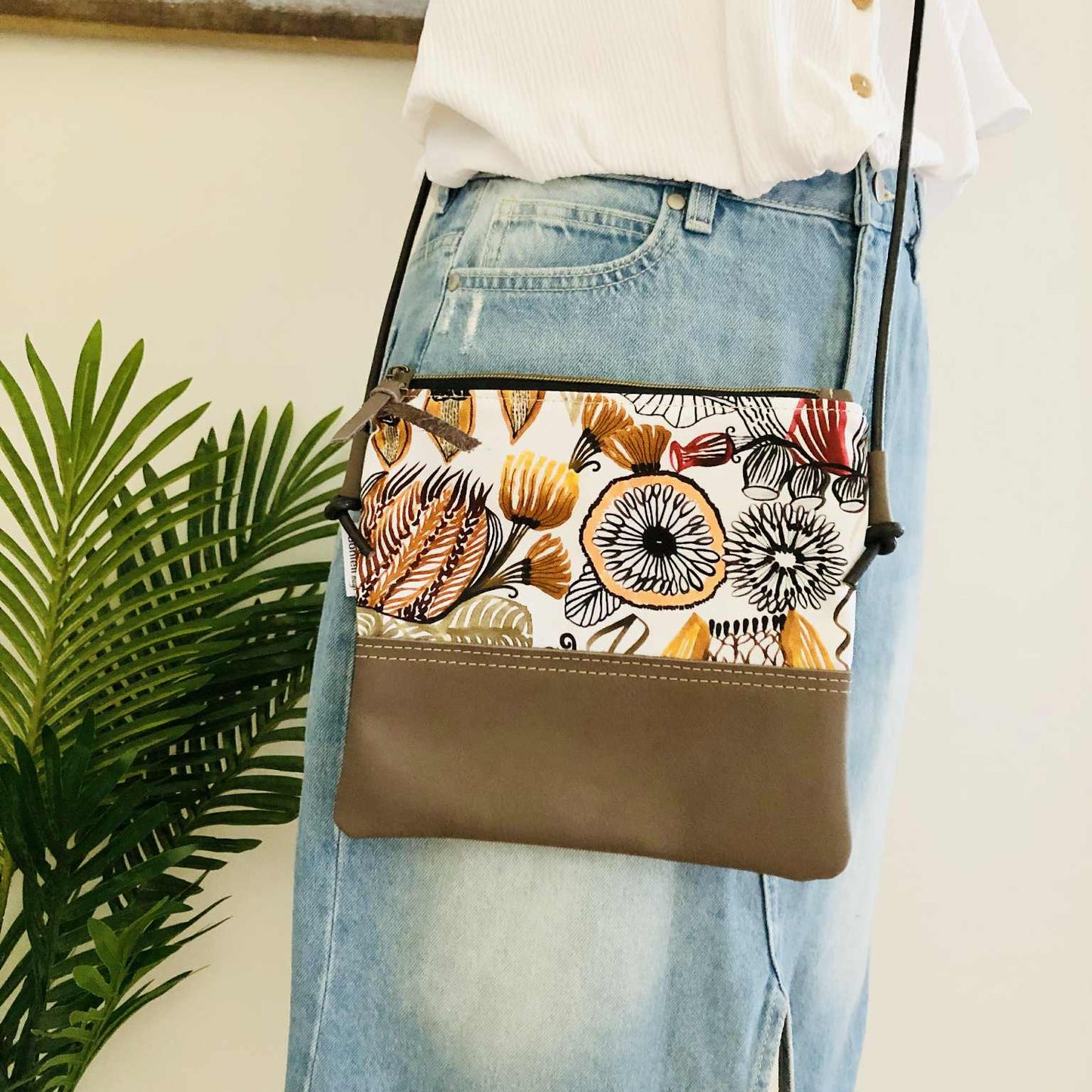 Gumnut Crossbody Bag in Tan Canvas, Brown Leather and Neutral Natives