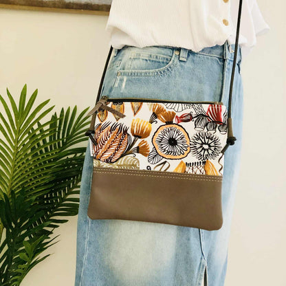 Gumnut Crossbody Bag in Tan Canvas, Brown Leather and Neutral Natives