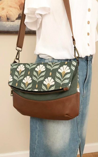 Hovea Fold Over Bag in Tan Brown Leather, Green Canvas and Chiara Print