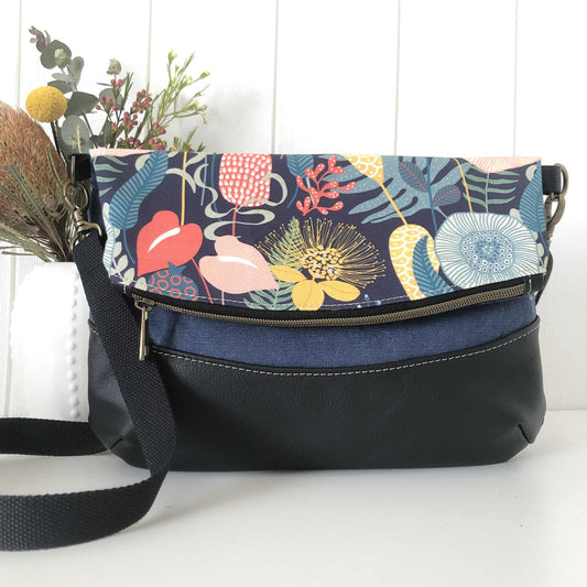 Fold Over Bag in Black Leather, Blue Canvas and Retro Garden