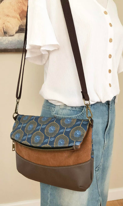Hovea Fold Over Bag in Brown Leather, Tan Canvas and Modern Floral