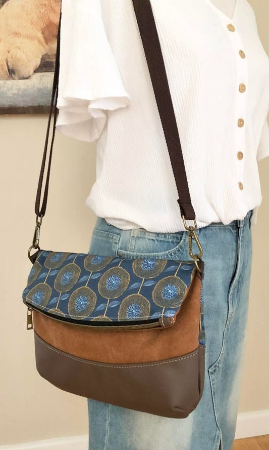 Hovea Fold Over Bag in Brown Leather, Tan Canvas and Modern Floral