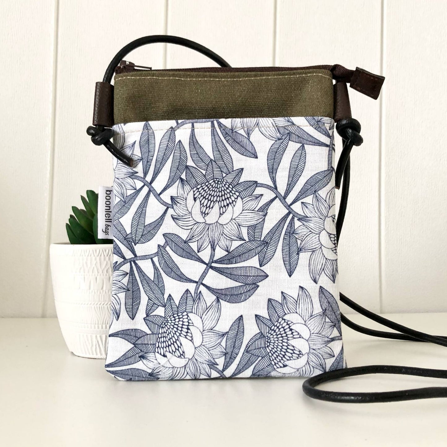 Green Canvas with Protea Phone Sling Crossbody Bag