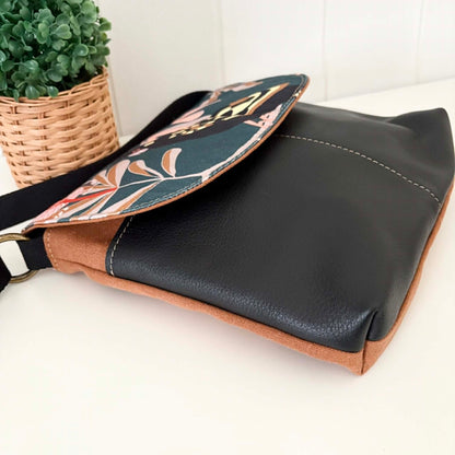 Cassinia Crossbody Bag - Tan Canvas and Black Leather with Black Cockatoo