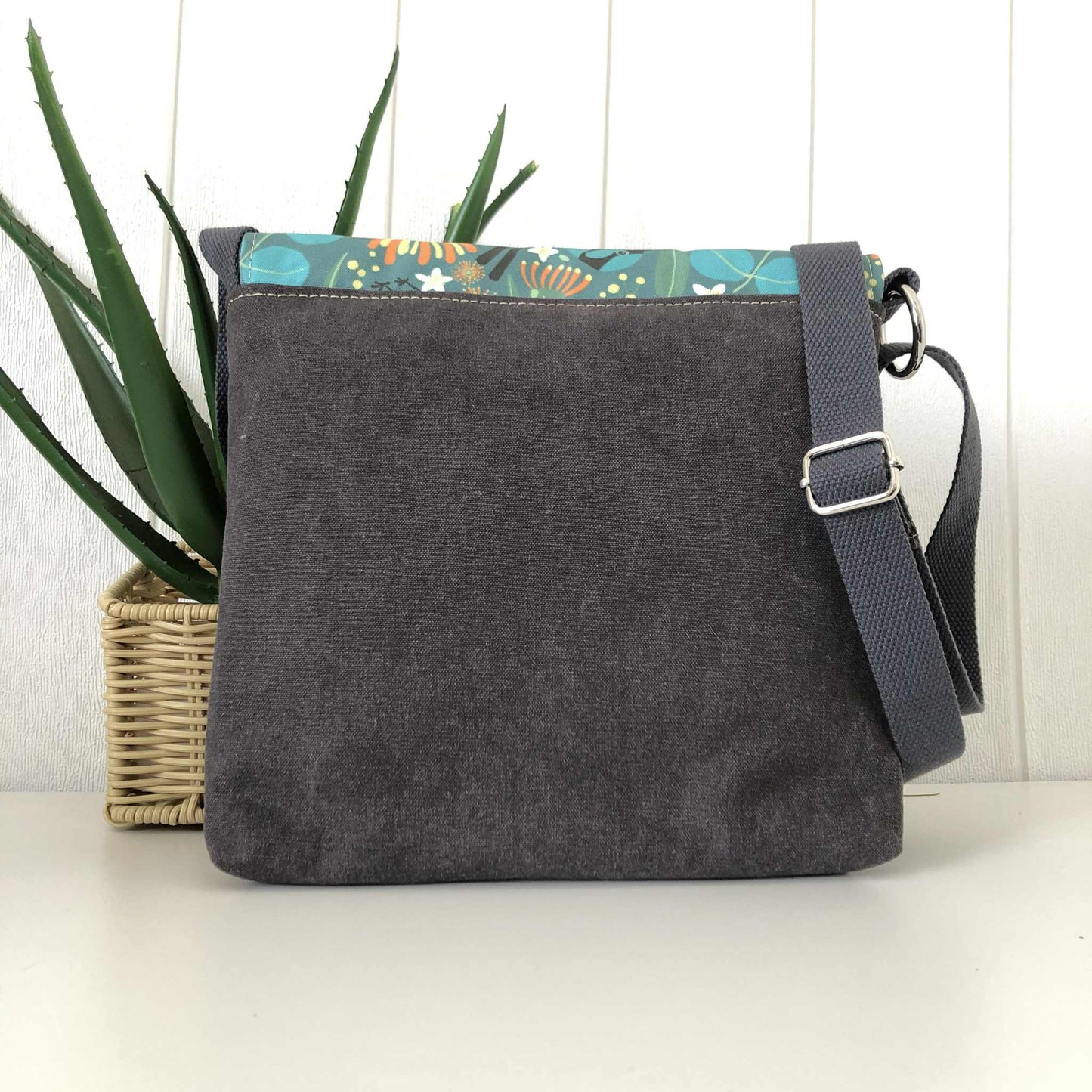 Grey Canvas and Black Leather Crossbody Bag with Birds