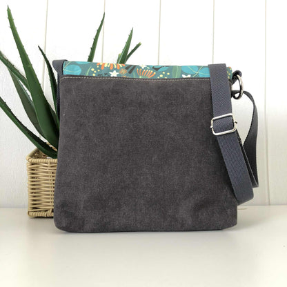 Grey Canvas and Black Leather Crossbody Bag with Birds